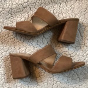 Aldo asymmetrical strap block heel suede mule